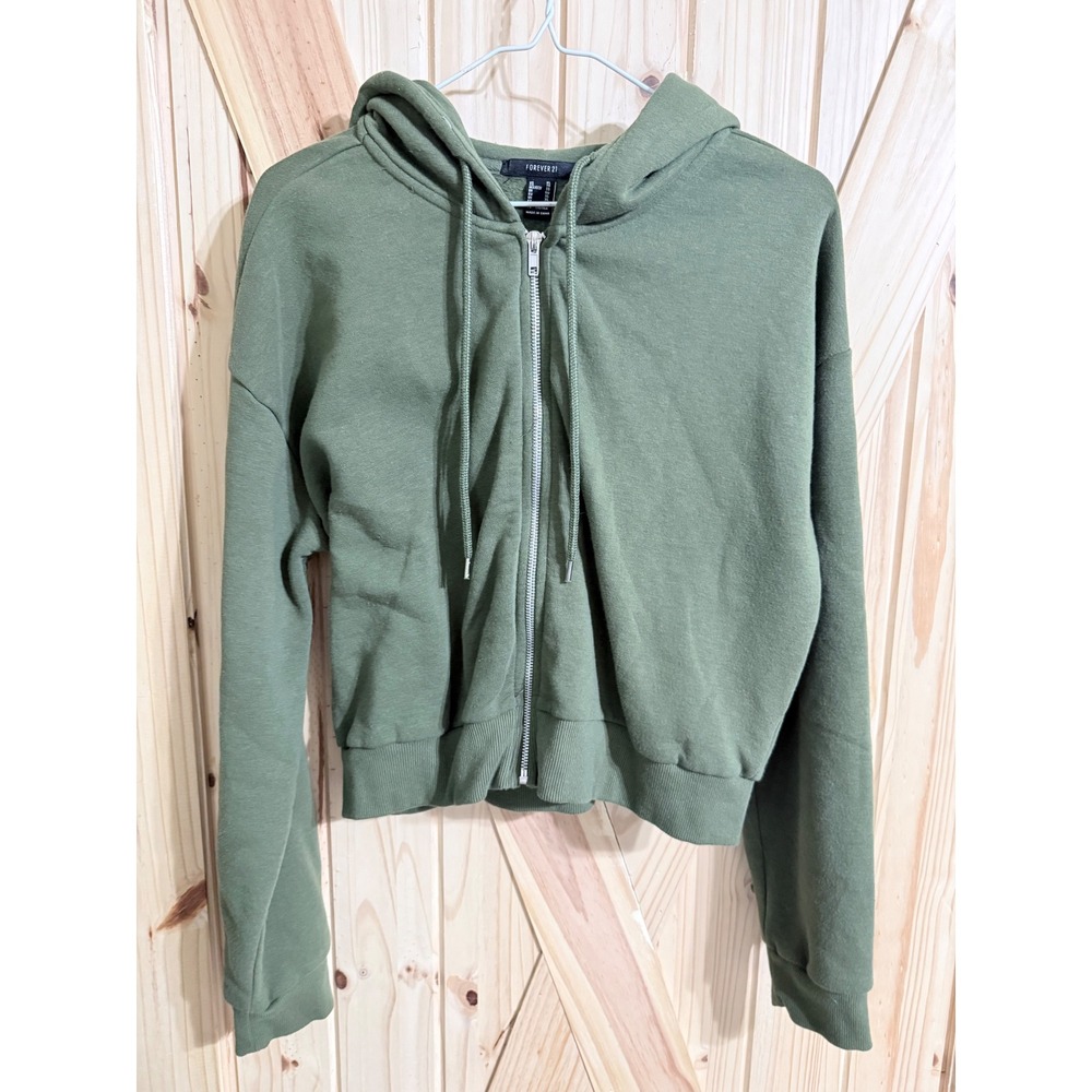 Forever 21 Womens XL Olive Green Full Zip Cropped Hoodie Fleece Sweatshirt